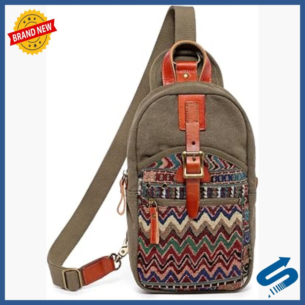 Canvas Sling Bag with Leather Accents, Adjustable Strap, 4 Pockets